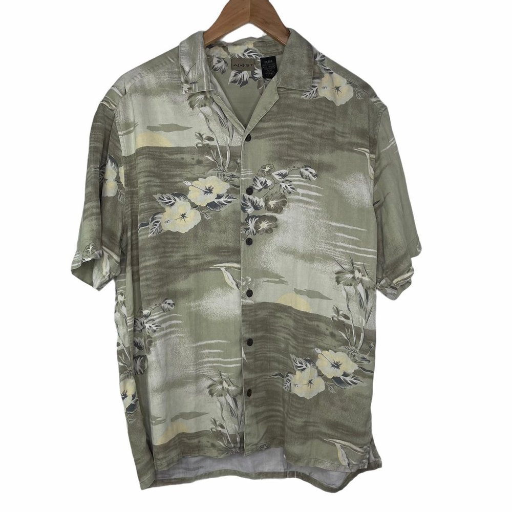 Axist Washable Silk Hawaiian Hibiscus Shirt Green Men M Short Sleeve Button